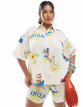 Рубашка свободного кроя Pieces Curve с кремовым принтом в стиле чат-шоу