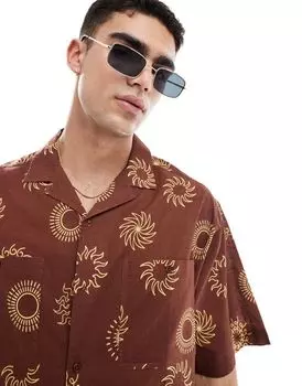 Рубашка свободного кроя с лацканами и солнечным принтом ASOS DESIGN табачного цвета с льняным эффектом