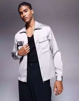 Рубашка свободного кроя с накладными карманами и молнией ASOS DESIGN серого цвета