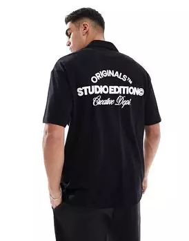 Рубашка свободного кроя с оригинальным принтом на спине черного цвета Jack & Jones