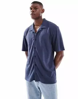 Рубашка свободного кроя с текстурированным воротником-стойкой Threadbare синего цвета