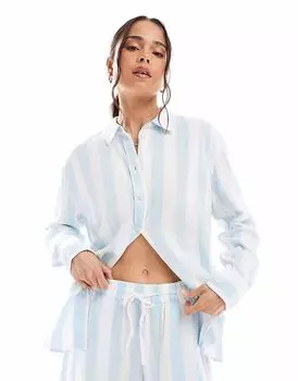 Рубашка свободного кроя Vero Moda из льна с налетом в бледно-голубую полоску