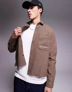 Рубашка свободного кроя в клетку ASOS DESIGN из коричневого шерстяного имитации с вышивкой на груди