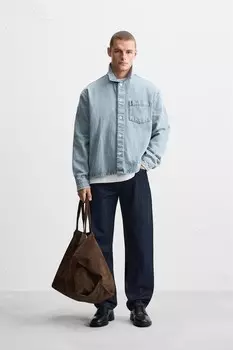 Рубашка свободного покроя из денима ZARA, средне-синий