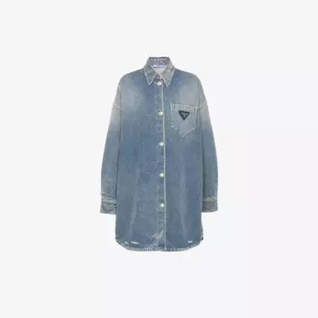 Рубашка свободного покроя из органического хлопкового денима с логотипом Prada, синий