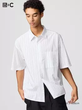 Рубашка свободного покроя из плотного сукна (короткий рукав, полоска) Uniqlo, белый