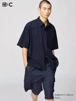 Рубашка свободного покроя из плотного сукна (короткий рукав) Uniqlo, синий