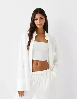 Рубашка свободного покроя с длинными рукавами в деревенском стиле Bershka, белый