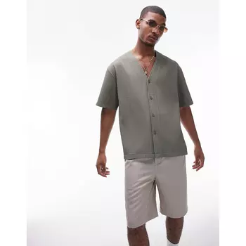 Рубашка Topman Pleated Collarless Short Sleeve, хаки