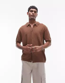 Рубашка Topman Relaxed Fit Knitted Textured Button Through, коричневый
