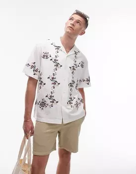 Рубашка Topman с короткими рукавами белого цвета свободного кроя и цветочной вышивкой