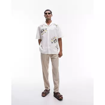Рубашка Topman Short Sleeve Floral Embroidered Dobby, серо-бежевый