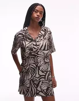 Рубашка Topshop coord из атласа для отдыха с коричневым принтом ракушек