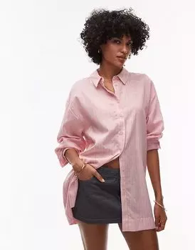 Рубашка Topshop из льна розового цвета с синей полоской