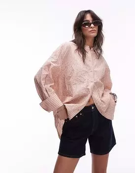 Рубашка Topshop с жатой текстурой в полоску персикового и коричневого цветов