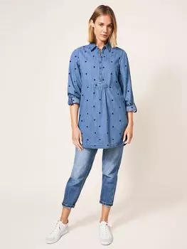 Рубашка-туника из хлопкового денима с вышивкой White Stuff, средний деним