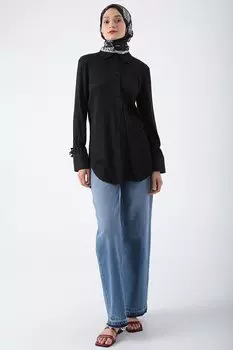 Рубашка-туника с плиссированными рукавами антрацитового цвета и кружевной отделкой ALL DAY