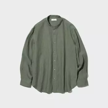 Рубашка UNIQLO из льна премиум класса с укороченным воротником-стойкой, оливковый