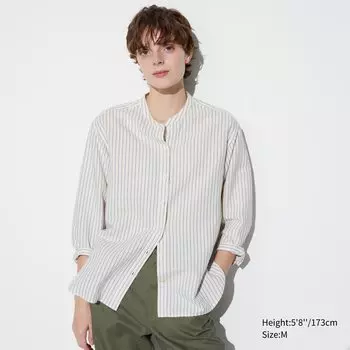 Рубашка UNIQLO из льняной смеси с воротником-стойкой в полоску, молочный