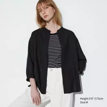 Рубашка UNIQLO из льняной смеси с воротником-стойкой, черный
