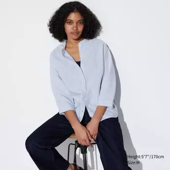 Рубашка UNIQLO из льняной смеси с воротником-стойкой в полоску, светло-синий