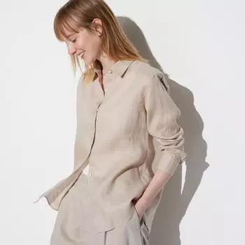 Рубашка UNIQLO льняная премиум-класса с длинным рукавом, бежевый