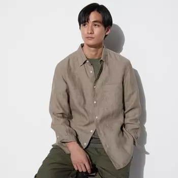 Рубашка UNIQLO льняная премиум-класса с длинным рукавом, хаки