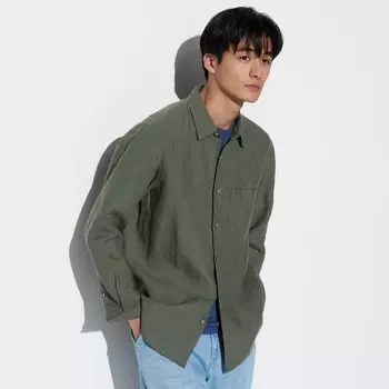 Рубашка UNIQLO льняная премиум-класса с длинным рукавом, оливковый