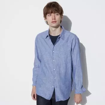 Рубашка UNIQLO льняная премиум-класса с длинным рукавом, синий