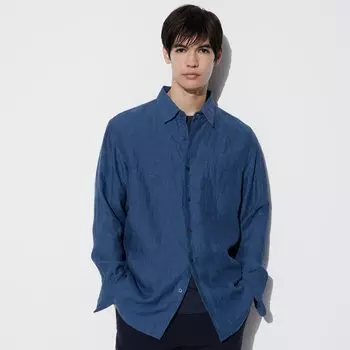 Рубашка UNIQLO льняная премиум-класса с длинным рукавом, темно-синий