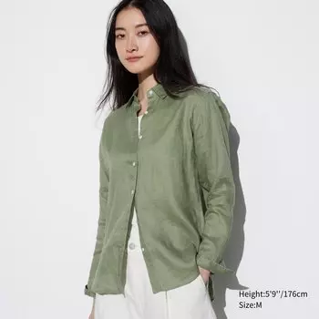 Рубашка UNIQLO льняная премиум-класса с длинным рукавом, зеленый