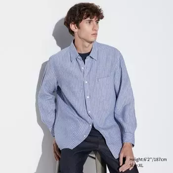 Рубашка UNIQLO льняная премиум-класса с длинным рукавом в полоску, синий