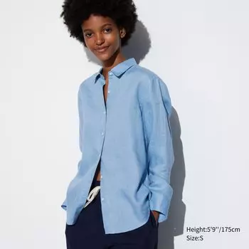 Рубашка UNIQLO льняная премиум-класса с длинными рукавами, синий