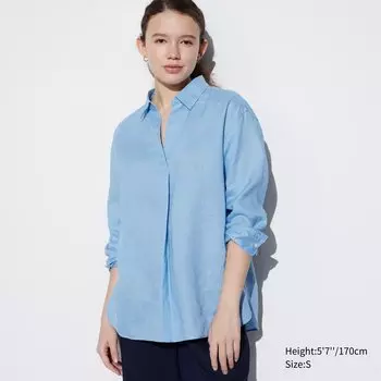 Рубашка UNIQLO льняная премиум-класса, синий
