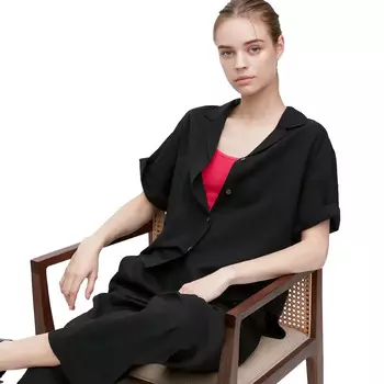 Рубашка Uniqlo Linen Blend Short Sleeve, черный