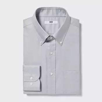 Рубашка UNIQLO Oxford с воротинком на пуговицах и длинными рукавами, светло-серый