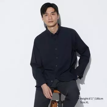 Рубашка UNIQLO с длинными рукавами с воротником на пуговицах, темно-синий