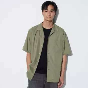 Рубашка UNIQLO с открытым воротником и коротким рукавом, оливковый