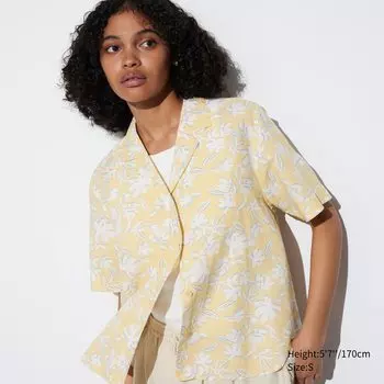 Рубашка UNIQLO с открытым воротником и короткими рукавами с принтом, желтый