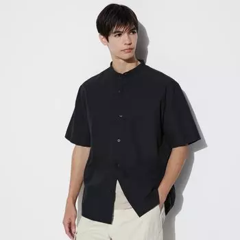 Рубашка UNIQLO с воротником-стойкой с коротким рукавом, черный