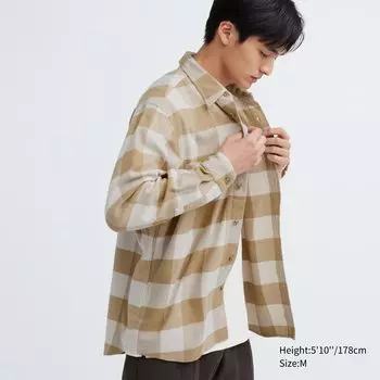 Рубашка UNIQLO в клетку фланелевая, бежевый