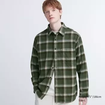 Рубашка UNIQLO в клетку фланелевая стандартного кроя, оливковый
