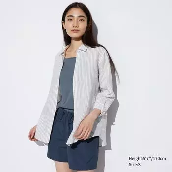 Рубашка UNIQLO в полоску льняная премиум-класса с длинными рукавами, светло-серый