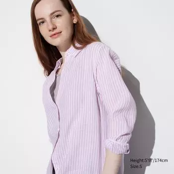 Рубашка UNIQLO в полоску льняная премиум-класса с длинными рукавами, фиолетовый