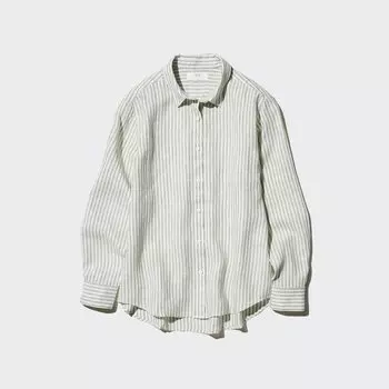 Рубашка UNIQLO в полоску льняная премиум-класса с длинными рукавами, зеленый