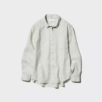 Рубашка UNIQLO в полоску льняная премиум-класса с длинными рукавами, зеленый