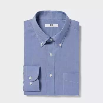 Рубашка UNIQLO в тонкую клетку с воротинком на пуговицах, синий