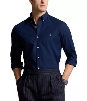 Рубашка узкого кроя из эластичного поплина Polo Ralph Lauren из тканого материала с длинными рукавами, синий