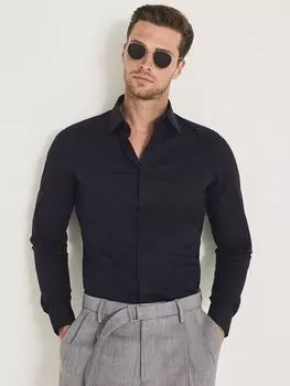 Рубашка узкого кроя из хлопкового поплина Reiss Kiana, темно-синяя