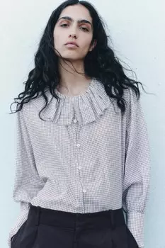 Рубашка в клетчатку с воронками ZARA, розовый